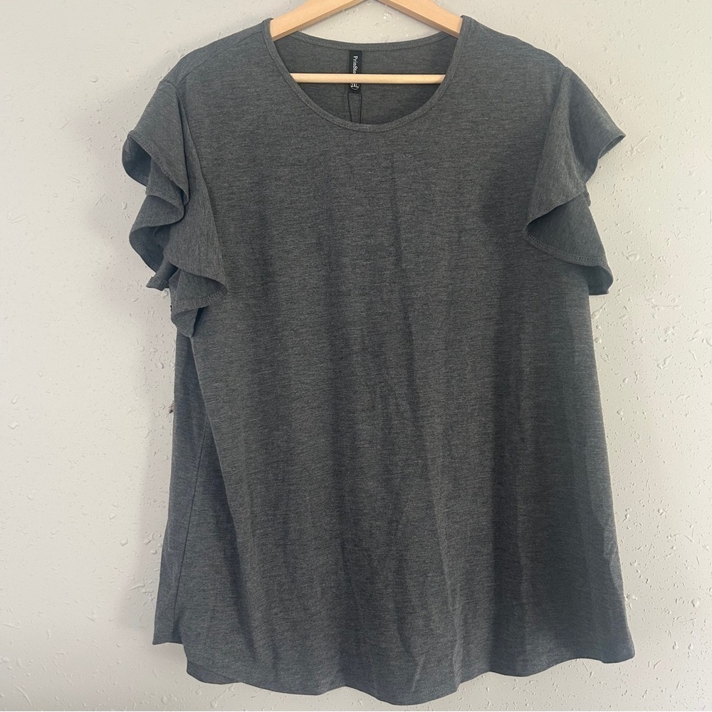NWT PrinStory Gray T-Shirt Ruffle Sleeve Casual Neutral XXL